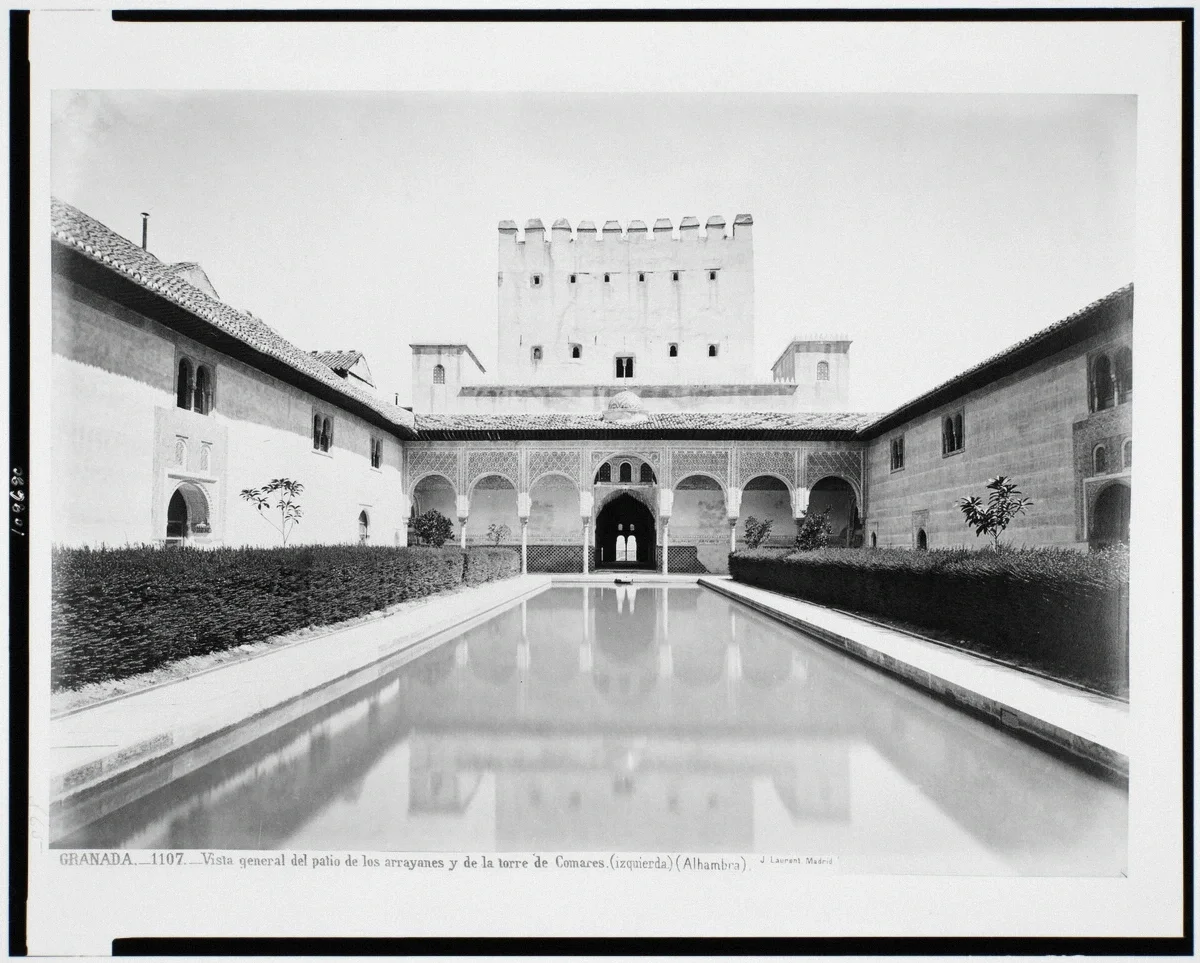 Facade of the Comares palace above the Court of the Myrtles in the Alhambra, Granada